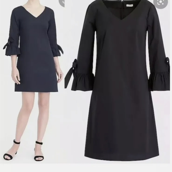 J Crew Black Flutter sleeves Shift V Neck Poplin dress Sz 10 LBD Minimalist - Picture 1 of 7